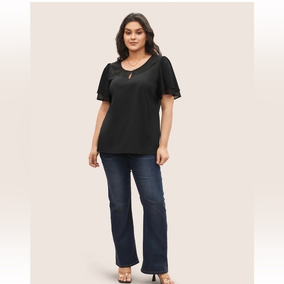 BloomChic Plus Size 2XL Stretchy Woven Cut Out Lace Patchwork Blouse us18-20 - Picture 8 of 9